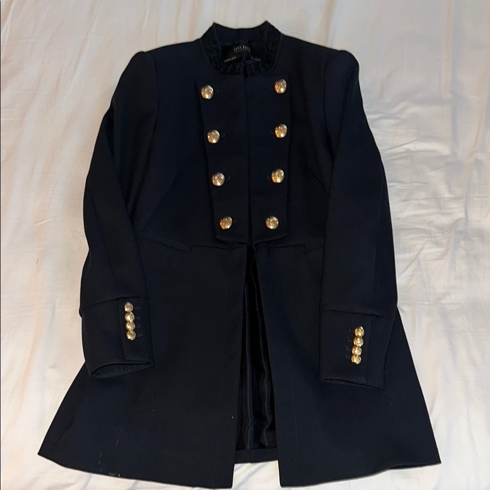 Zara Navy Coat with Gold Accents